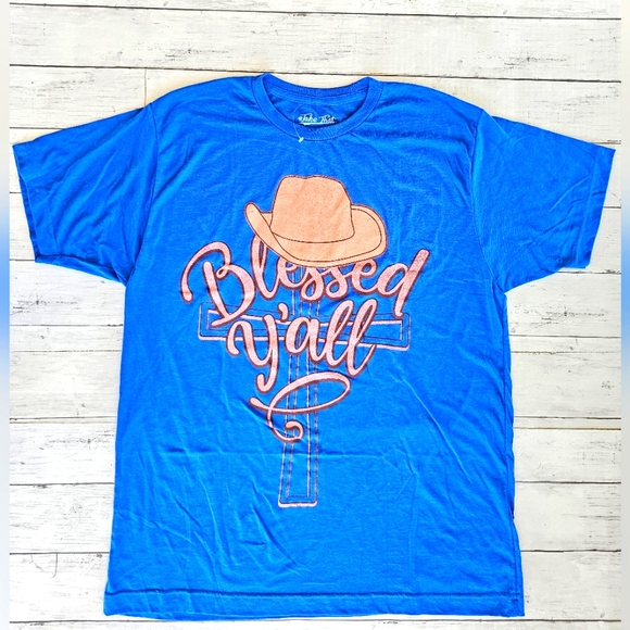 NEW #TAKETHAT Western Blue & Tan Glitter Cowgirl Hat Blessed Cross Tee Shirt - Picture 3 of 7